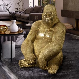 Figura grande de gorila sentado, realizada en poliresina, acabado en PAN DE ORO.
